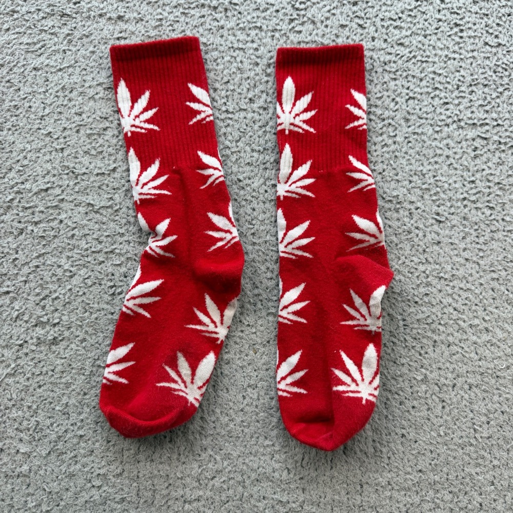 Unbranded Red White Leaf Print Crew Socks Streetwear Graphic Skate Style